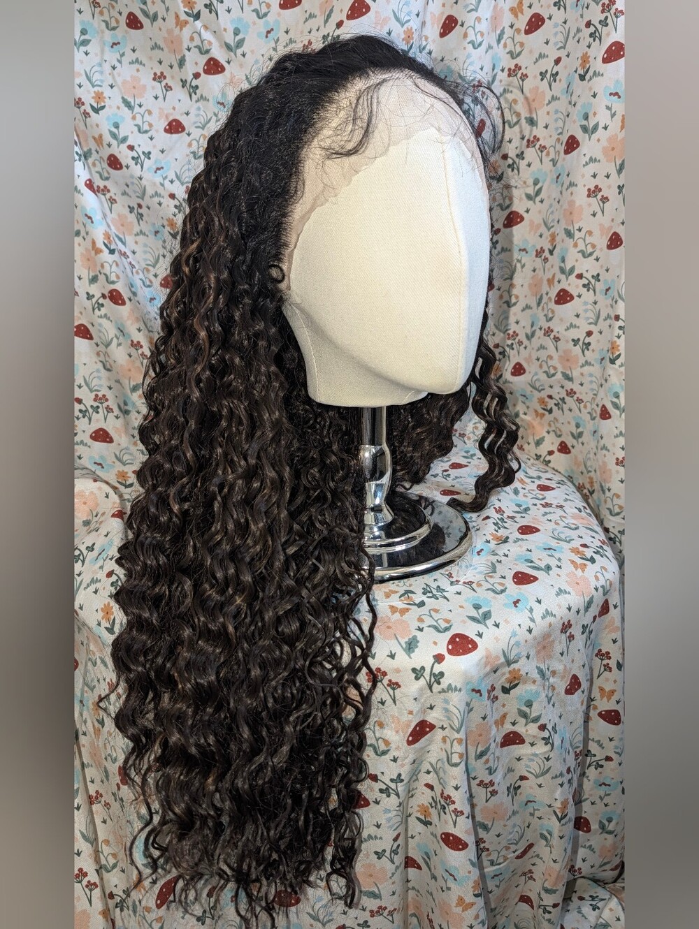 24" Synthetic Brown Highlights Curly Lace Front Wig With Baby Bangs 13x4